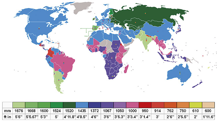 World map, rail gauge by región. / GRAPHIC_WIKIPEDIA
